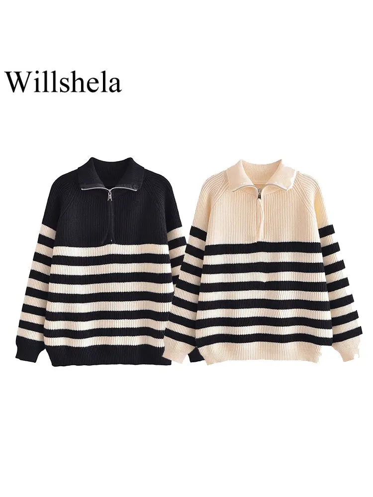 

Willshela женский модный полосатый вязаный пуловер, свитер в винтажном стиле с отворотом и длинными рукавами, женские шикарные топы