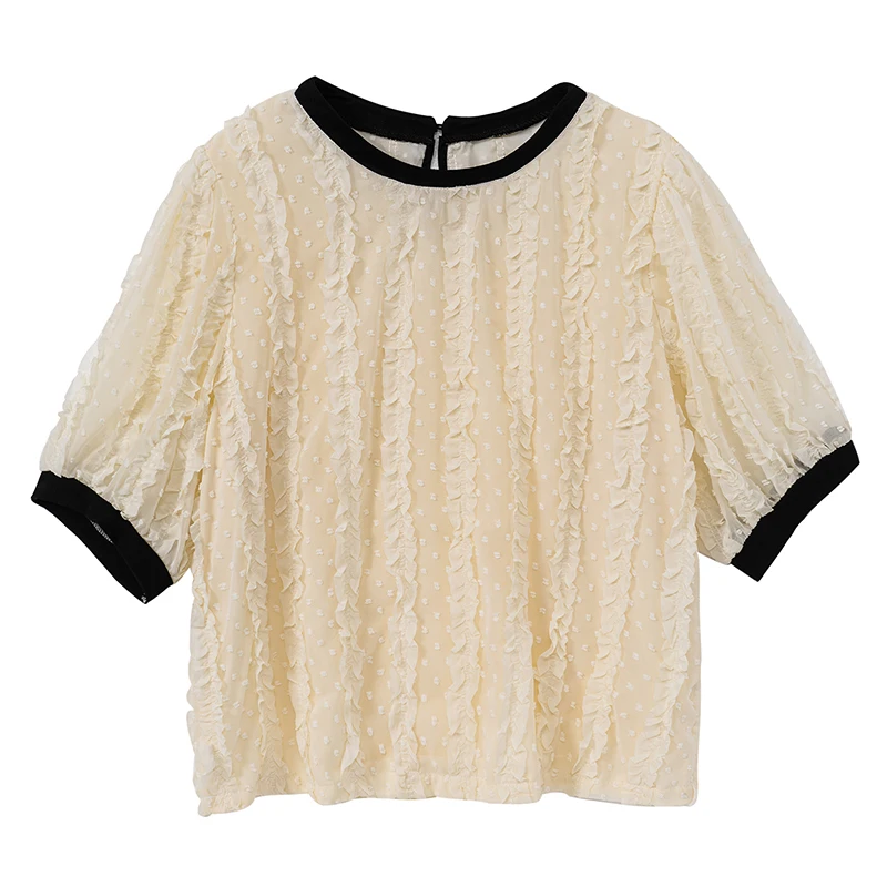 

Женская шифоновая блузка с коротким рукавом, повседневная кружевная блузка с пышными рукавами, элегантный топ с изображением съедобного гриба и деревьев, лето 27521