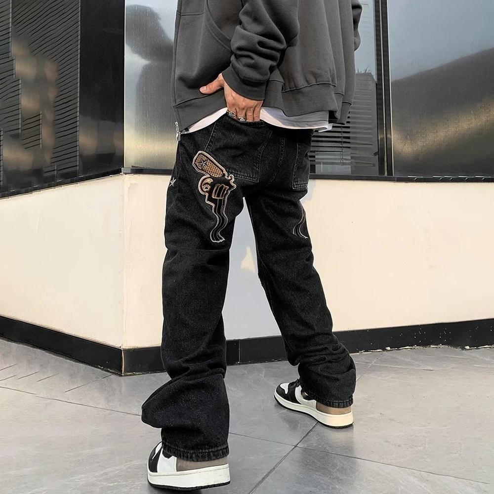 Retro Jeans Men Loose Straight Trend Street Hip Hop Y2K Embroisdery Men Denim Wide Leg Pant Vintage Skatebard