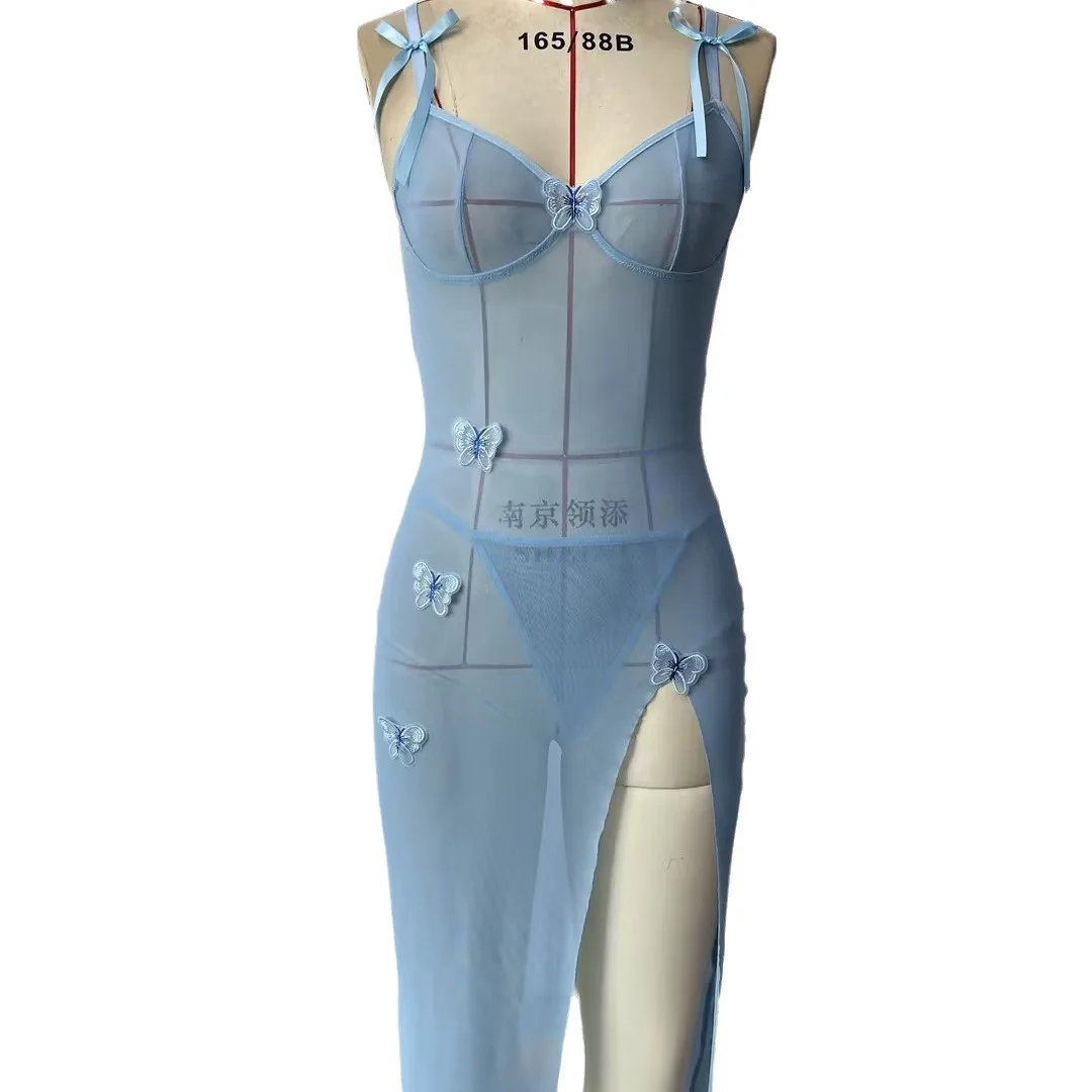 Новинка женское сексуальное кружевное синее платье-комбинация соблазнительное