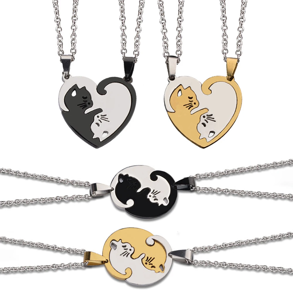 

2pcs/Set Cute Love Hug Cat Stitching Pendant Necklace Creative Couple Matching Stainless Steel Jewelry Friends Festival Gifts