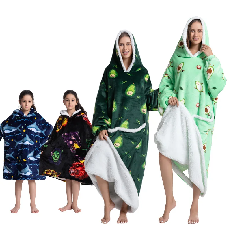 

Long Sleeve Winter Lamb Wool Family Matching Hoodie Sweatshirt Wearable Blankets Pajamas Fleece Family Set Cosplay Homewear