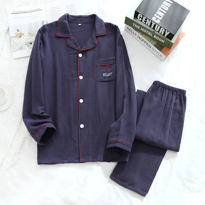 Four Seasons Couple Pajamas Cotton Double Layer Gauze Homewear Simple Men/Women Home Suit Crepe Thin Section Woman Pj Set lounge