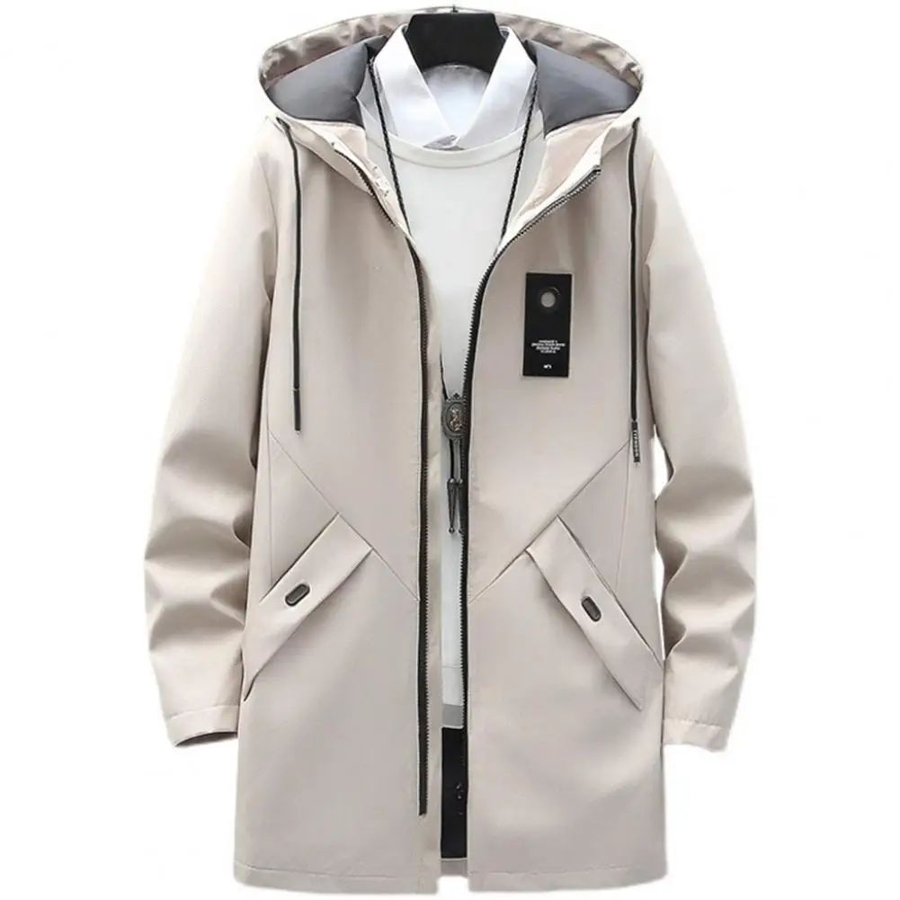 

Stylish Pure Color Drawstring Windbreaker Men Overcoat Mid-Length Hood