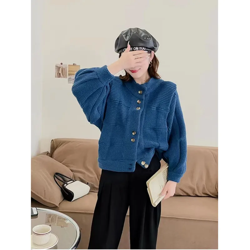 

Autumn and winter new balloon sleeve cropped jacket new temperament knitted sweater women's cardigan