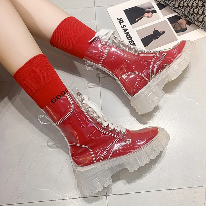 2022NewFashion Women Boots  Clear Women's Shoes Platform Ankle Boots 2022 Chunky Heel Autumn Winter Waterproof Rain Boots Female