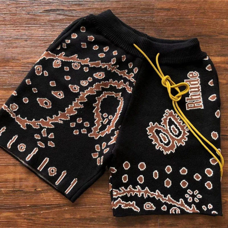 

New statement vintage jacquard Rhude knitted print shorts men's women's large drawstring brie pattern anime quality shorts