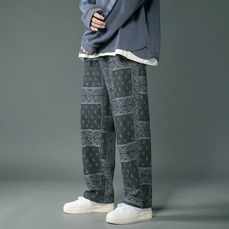 

Blue Black Printed Baggy Jeans Men Fashion Retro Casual Wide Leg Jeans Streetwear Loose Hip-hop Straight Denim Trousers M-5XL
