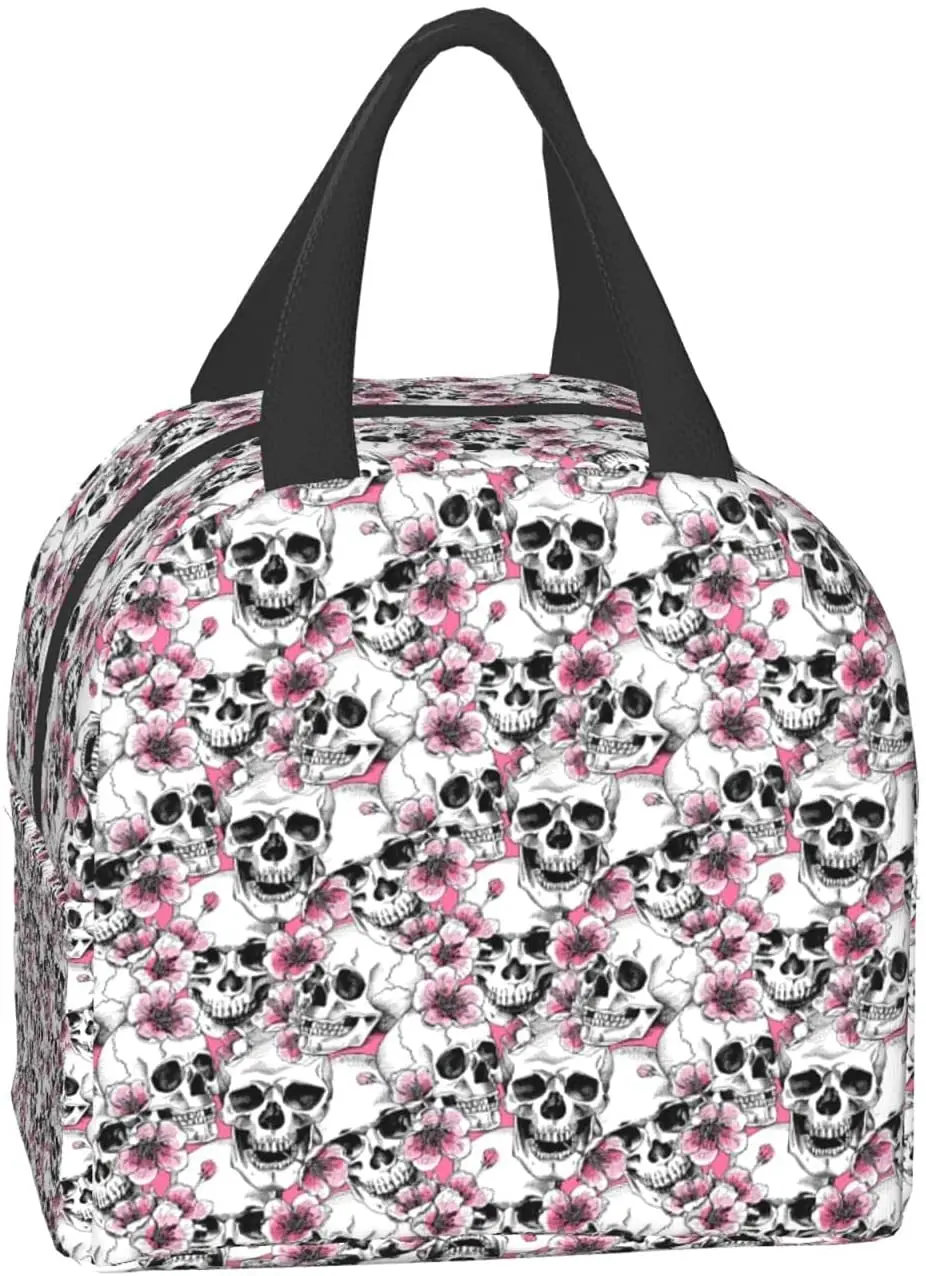 

Pink Skull Travel Lunch Bag for Women Insulated Small Cooler Tote Box Leakproof Reusable Girls Lunch Bag Picnic Portable