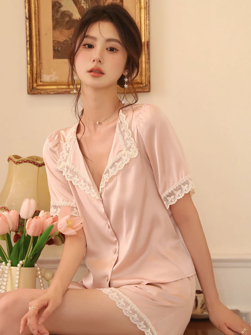 

Female French Summer Short Sleeve Pajama Two Piece Sets Women Silk Lace Fairy Lapel V-Neck Cardigan Homewear Princess Sleepwear