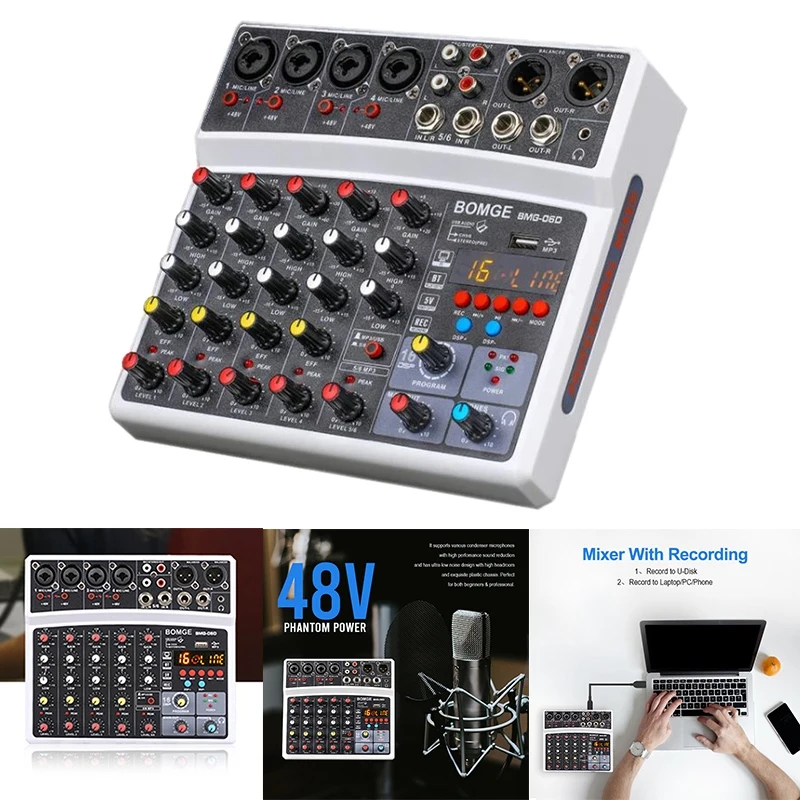 

Professional Sound Card 6-Channel Mixer Outdoor Conference Audio USB Bluetooth Reverb Audio16 Digital Effects