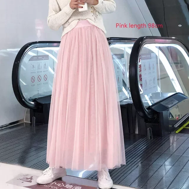 

2022New Korean Pleated Lace Gauzy Dress Women's Long Tulle Dress Skirt High Waist Wide Hem Dress Woman Skirts Mujer Faldas S