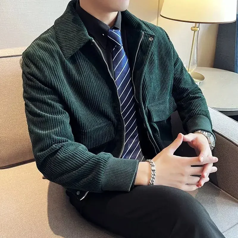 Вельветовая мужская куртка корейская мода отложной воротник приталенная