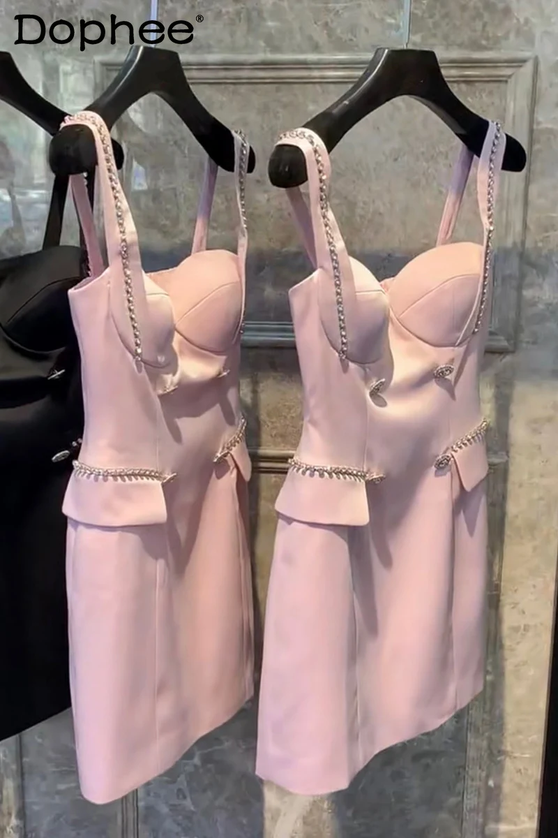 2023 Summer New Arrival High Sense Diomand Slim Beaded Sweet Pink Mini Dress Women High Waist Slimming Strap Dress Ladies Party