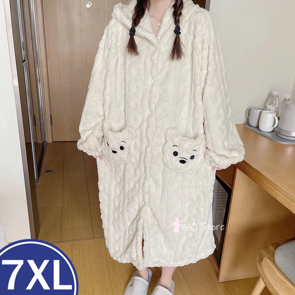 

Зимняя плотная теплая ночная рубашка 7XL, женская пижама с капюшоном, фланелевая ночная рубашка, кимоно, халат, одежда для сна большого размера, домашняя одежда из кораллового флиса