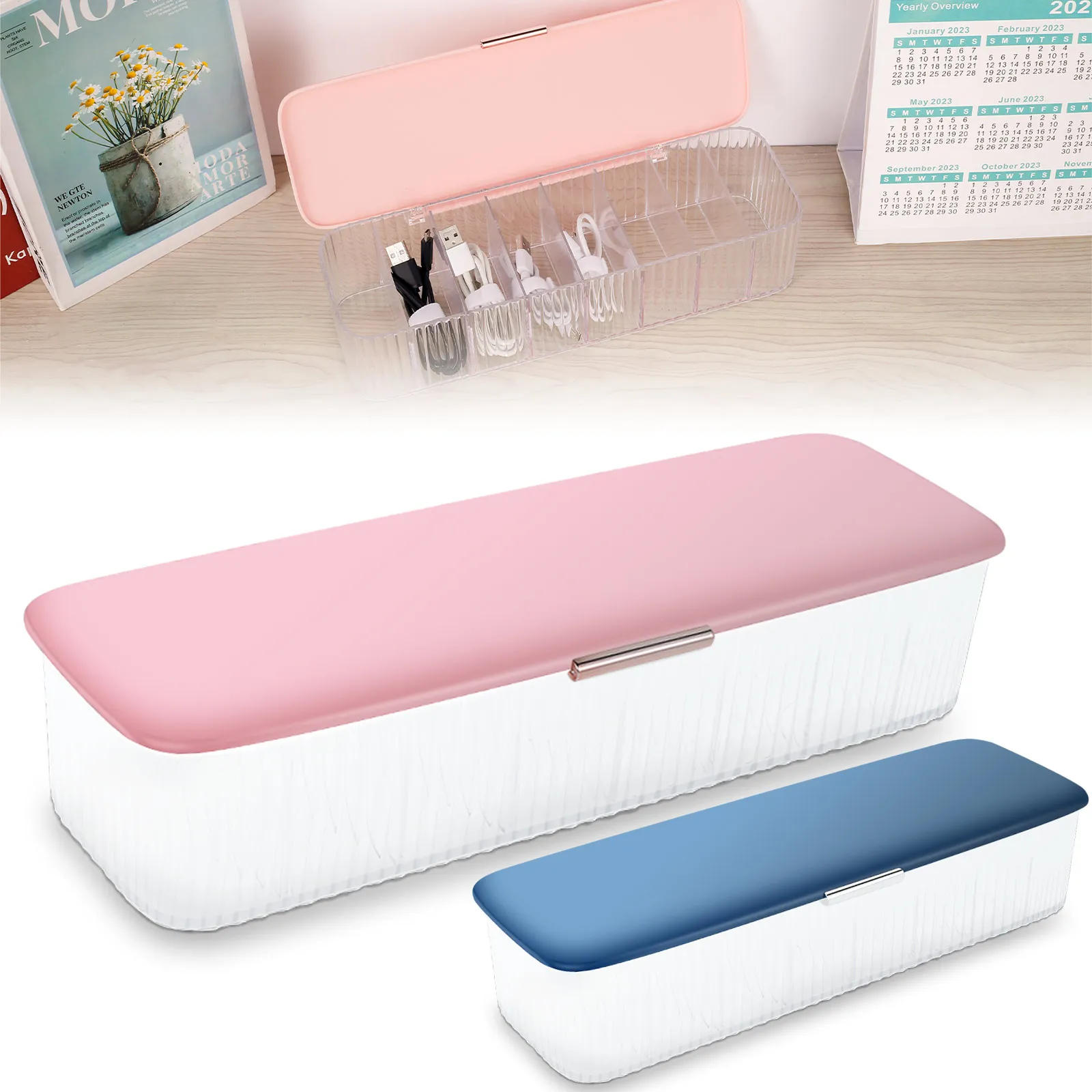 

Plastic Cable Management Box with Lid and 8 Wire Ties Portable Data Cable Storage Box with 8 Compartments Charger Storage