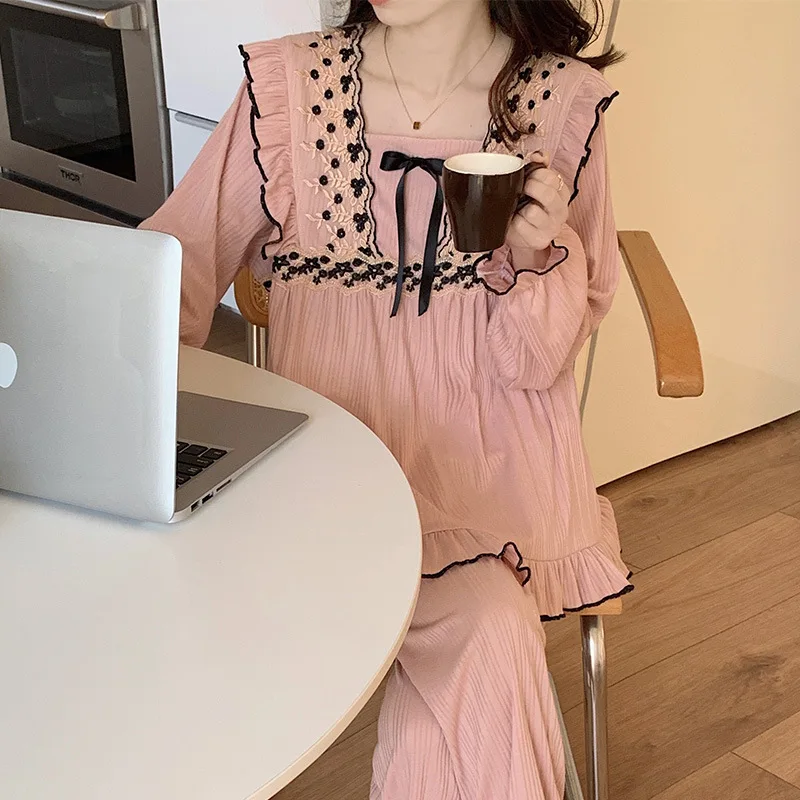 Yasuk Spring Autuum Fashion Women's Casual Sleepwear Homewear Sexy Lovely Sweet Pink Black Pajamas With Pants Soft Lace Bow