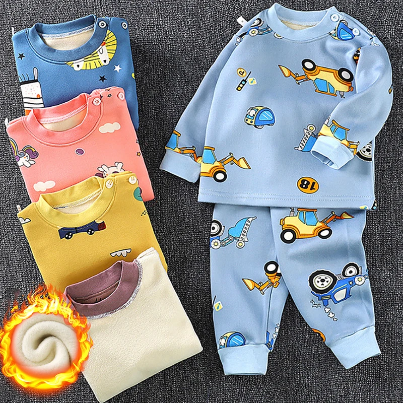 2022 Autumn and Winter Thickened Long-sleeved Girl Clothes Plus Velvet Children Sets Thermal Underwear Suit Boys Cartoon Pajamas