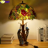 FUMAT Tiffany Style Table Light Red Rose Green Blue Pink Yellow Grape Stained Glass Shade Peacock Resin Frame Art Deco Desk Lamp