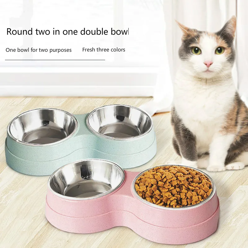 

Wheat Straw Pet Bowl Feeding Water Dual-use Plastic Cat Bowl Dog Food Bowl Round Stainless Steel Double Bowl Cat Accessories