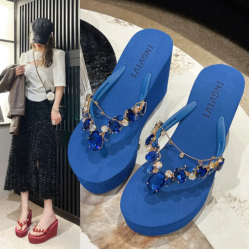 

Maogu Summer New High-heeled Flip-flops Female Rhinestone Slippers Elegant Fashion Beach Tong Sandals Wedges Platform Sandal 7cm