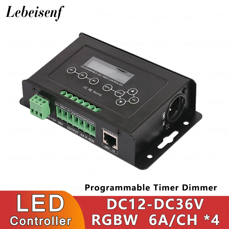 

4CH LED контроллер регулятора освещенности с функцией синхронизации и регулировки яркости, 24A, индивидуально программируемый DMX512, DC12-36V RJ45, Клеммная колодка для PWM Plant светильник Bar