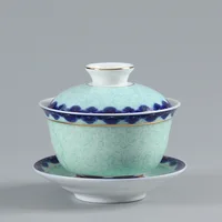 Chinese Tea Gaiwan Jingdezhen Retro Blue and White Porcelain Tea Bowl Creative Green Ceramic Puer Teaup with Saucer Set Teaware