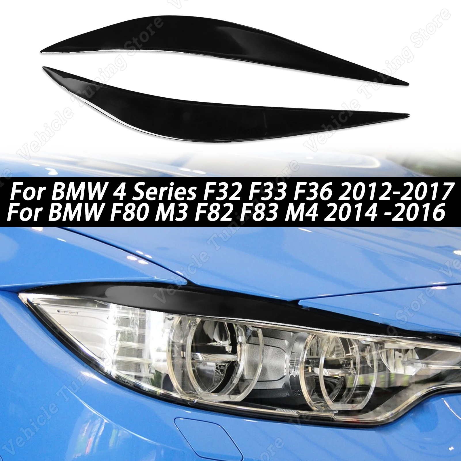

For BMW 4 Series F32 F33 F36 2012-2017 F80 M3 F82 F83 M4 2014-2016 2pcs Car Front Headlight Eyebrow Gloss Black Car Stickers