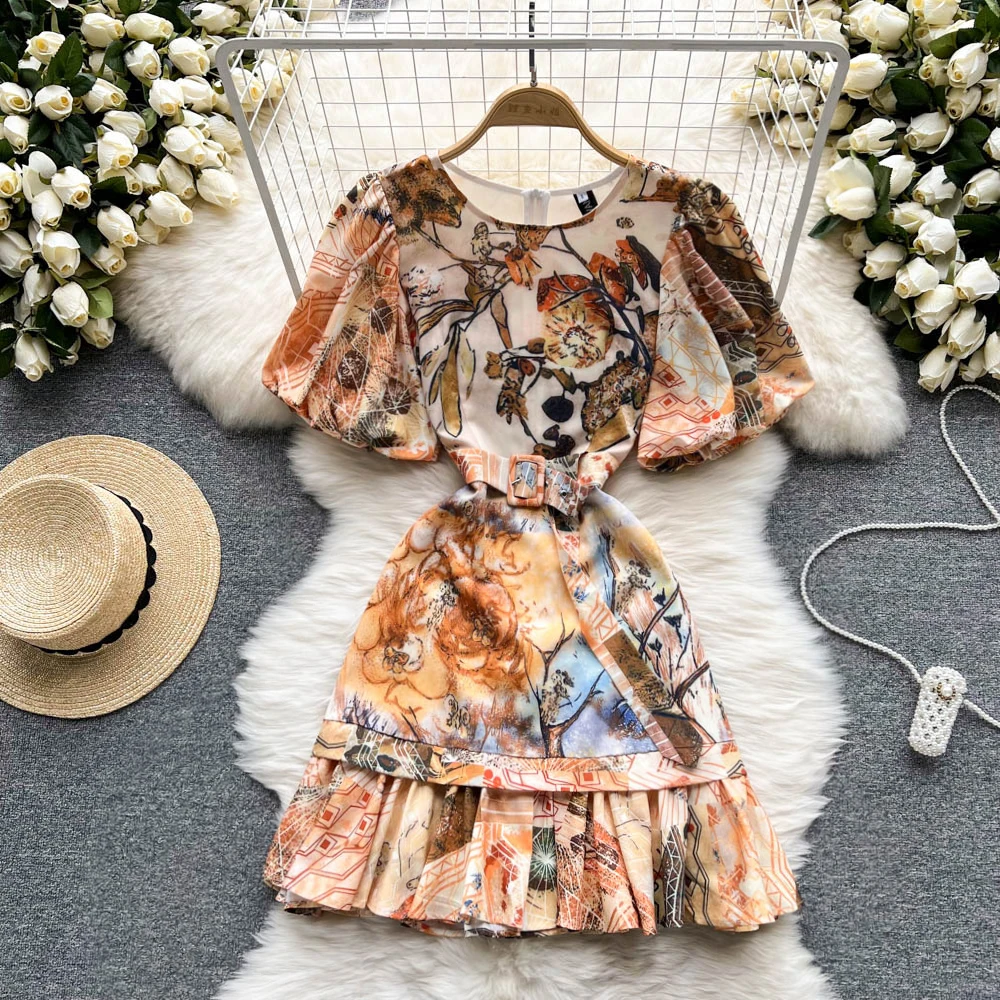 

French Retro Printed Short Sleeve A-line Mini Dress Women New Fashion Summer Slim Korean Clothes Elegant Vestidos G608