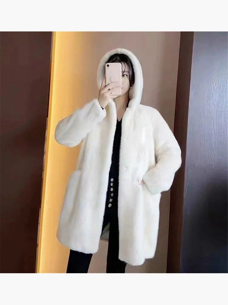 

Autumn Ladies Fashion Streetwear White Double-Faced Fur Long Coats 2023 Winter Casual Faux Fur Hooded Loose Jackets Outwear