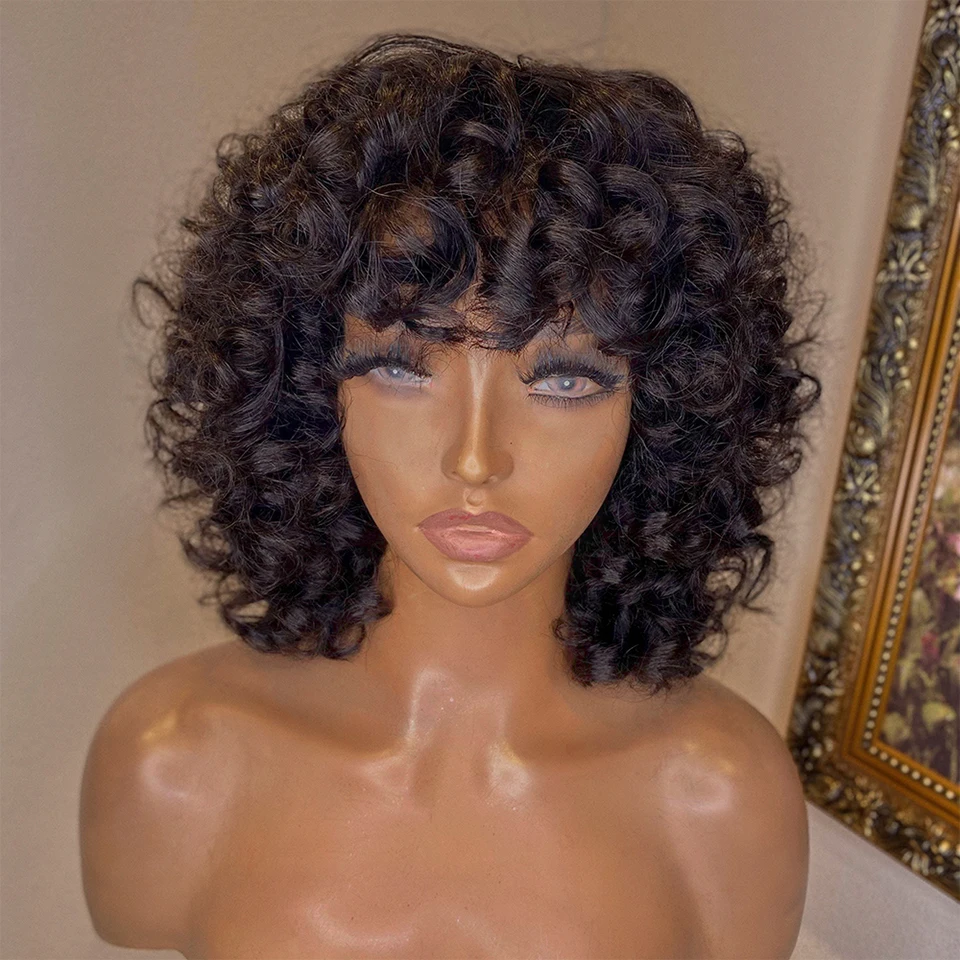 

BOB Wigs Human Hair Wigs Pixie Cut Jerry Curly Machine Made Wig Rose Curly Funmi Short Wig with Bangs Perruque Cheveux Humain