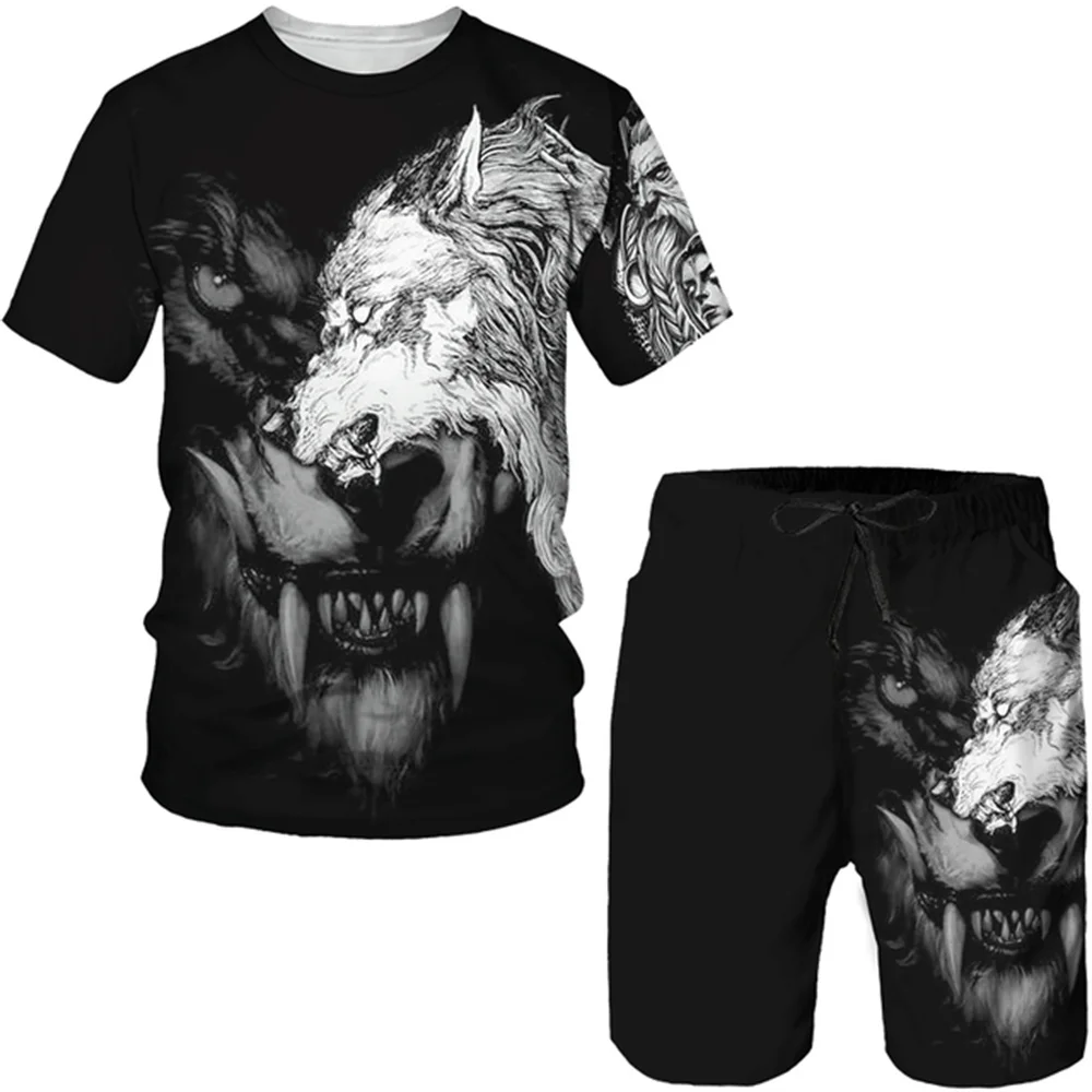 New 3D Wolf Print Sports Shorts Sports Suit Men's Pattern Printed Summer Short Sleeve T-shirt Suit Fashion 2 Pieces Streetwear