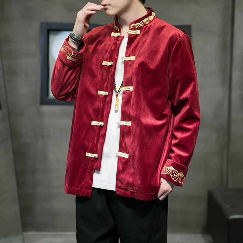 

Autumn Winter Corduroy Jacket for Men's Traditional Chinese Costumes Retro Vintage Shirt Blouse Solid Color Tang Suit Hanfu