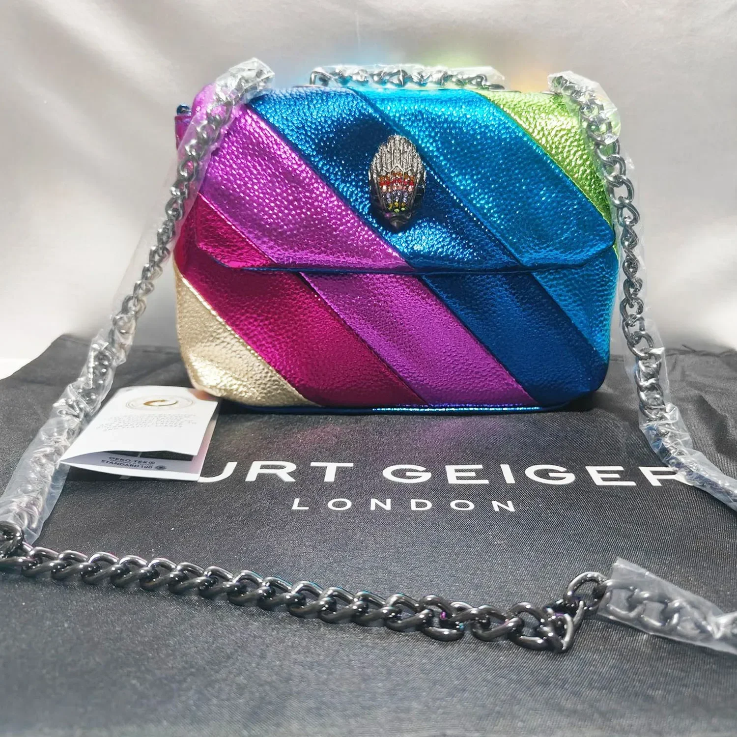 

Kurt G Eagle Mini Rainbow Ladies Tote Bags Portable Joined Coloured Cross-Body Bag Pieced Shoulder Bag With Diamond Metal Logo