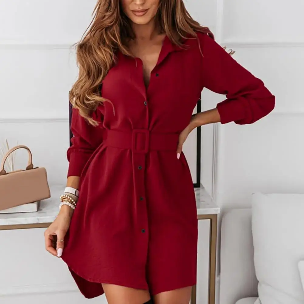 

Women Dress Elegant Single Breasted Button Dress Women Fashion Turn-down Collar Mini Dress Autumn Lady Long Sleeve Party Dress