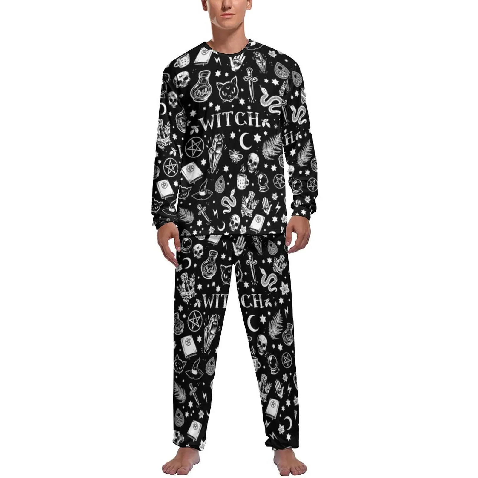 

Gothic Pajamas Witch Horror Man Long Sleeve Retro Pajama Sets 2 Pieces Aesthetic Spring Design Sleepwear Birthday Present