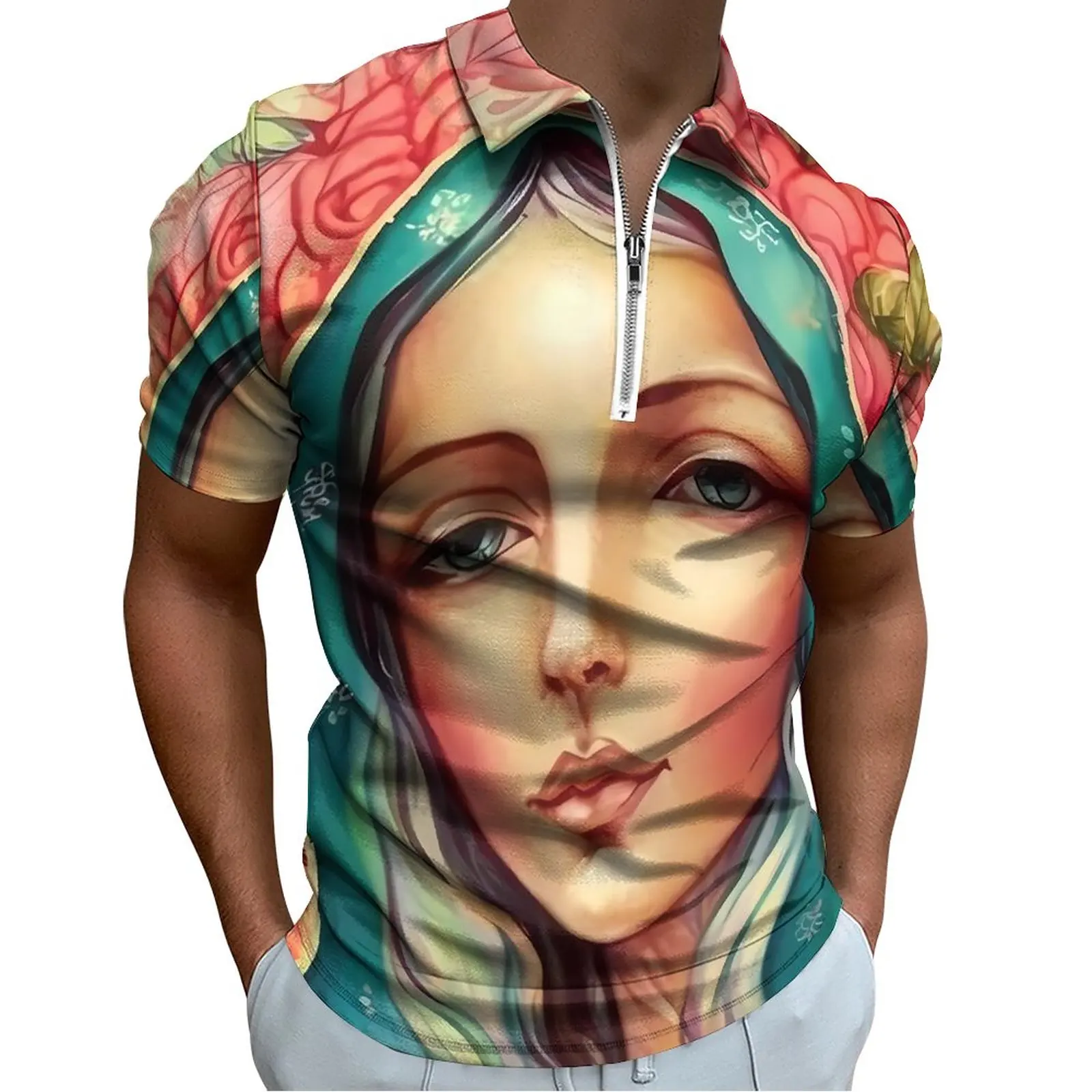 

Virgin Mary Polo Shirt Christian Mother Casual Shirt Summer Novelty Male Short Sleeve Zipper Graphic T-Shirts