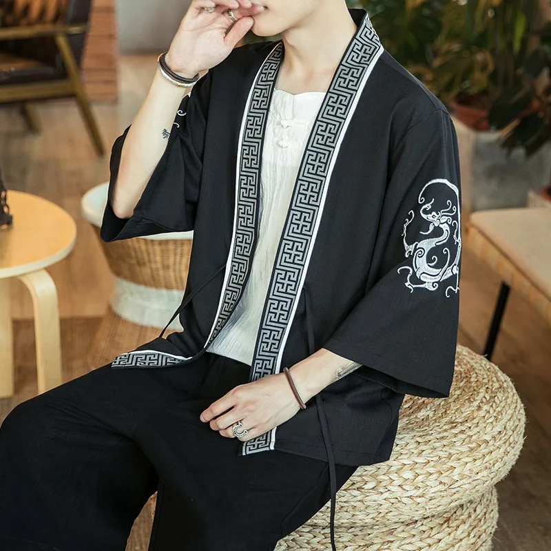 Traditional Chinese Men Cardigan Kimono 3/4 Sleeve Hanfu Summer Cotton Large Size Home Bathrobe Robe Casual Loose Coat
