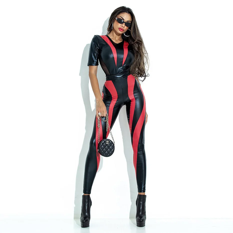 

Oshoplive New Fashion Female Black Red Contrasting Split-Joint Mesh Short Sleeve Bodysuits&Leggings Suits For Women 2022