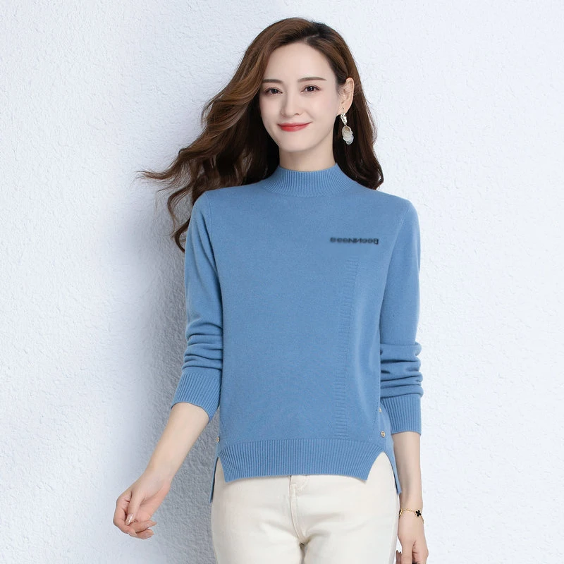 Women Cashmere Wool Pullover Sweaters Blue White Yellow Black Camel Knitting Tops Mock Neck Soft Warm Sheep Woolen Knitwear 2022