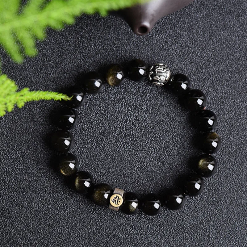 Браслет из натурального обсидиана серебро 925 пробы мантра с шестью словами