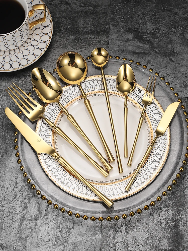 

6pcs Gold Dinnerware Set Stainless Steel Tableware Set Knife Fork Spoon Flatware Set Dishwasher Safe Silverware Cutlery Set