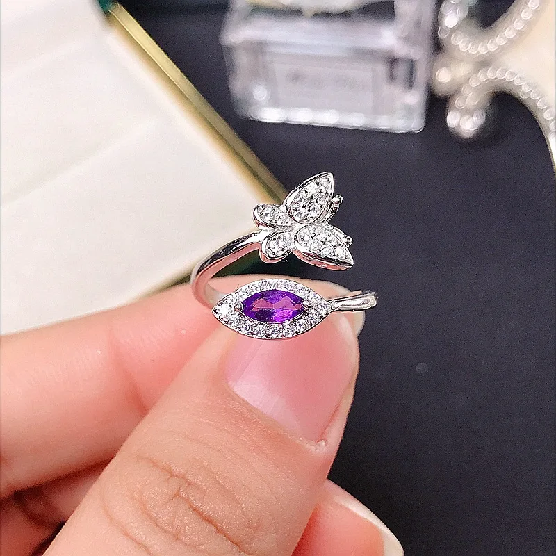 

MeiBaPJ Natural Amethyst Gemstone Fashion Butterfly Ring for Women Real 925 Sterling Silver Fine Party Jewelry