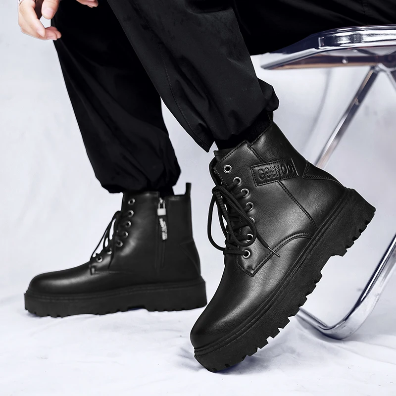 

Autumn Man Fashion Work Boots Sneakers Round Toe Black Waterproof Casual Motorcycle Boots Side Zipper Versatile Platform Boots