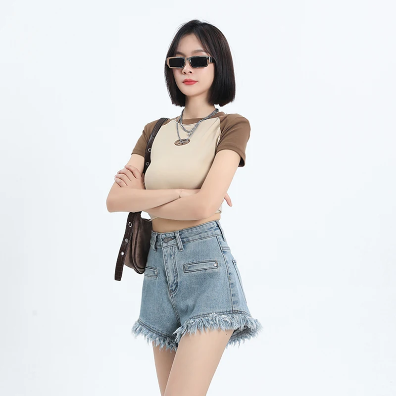 Loose Ragged Design A-line Denim Shorts Elastic High Waist Short Jeans Wide Leg Pocket Tassel Shorts Casual Summer Chic Clothes