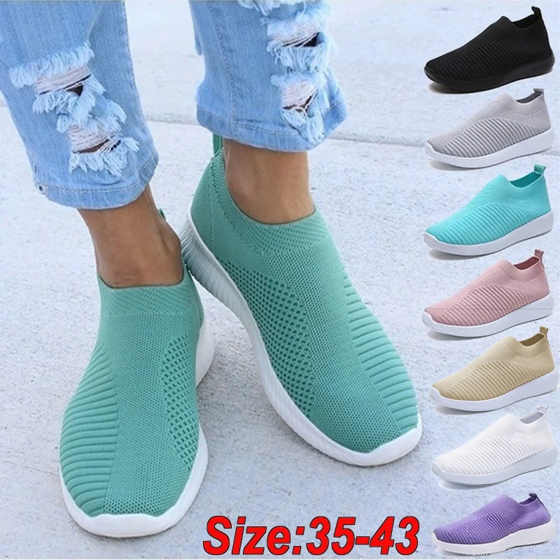

Women Flats Shoes Plus Size 43 Breathable Mesh Platform Sneakers Women Slip on Soft Ladies Casual Shoes Woman Knit Sock Flats