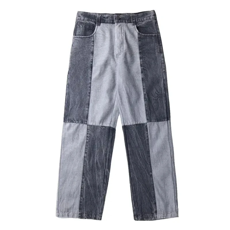 High Street Men's Jeans Spring Summer Vintage Patchwork Japanese Streetwear Casual Straight Loose Trouser Male Wide Leg Pants