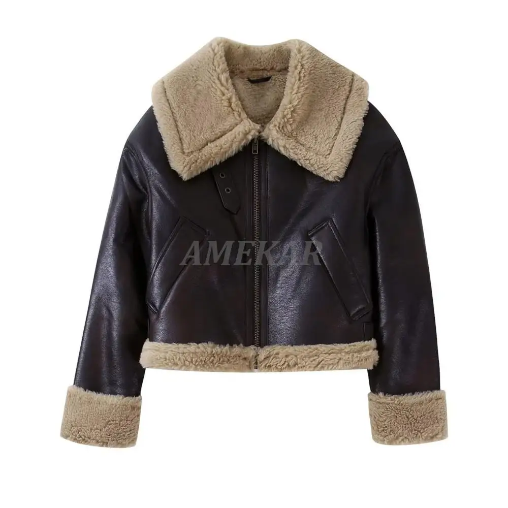 2022 Winter Woman Thick Warm Brown Faux Fur Leather Jacket Coat Female Casual Zipper Pockets Fashion Outwear Tops locomotive