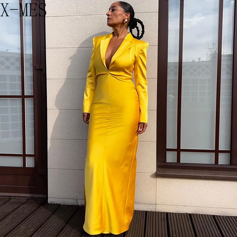 

Элегантное Атласное Платье миди с высокой талией и разрезом, повседневное однотонное платье с глубоким V-образным вырезом и длинным рукавом...