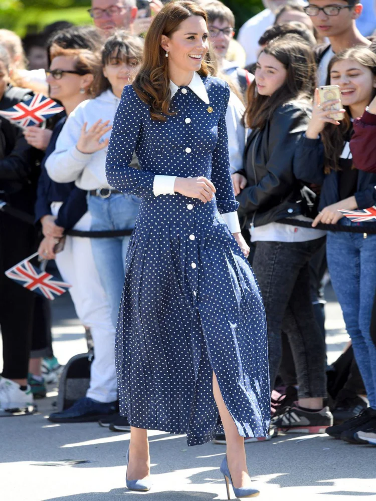 

Princess Kate Fashion Spring Autumn New Women High Quality Retro Elegant Long Sleeves Dot Party Casual Office Shirt Midi Dress